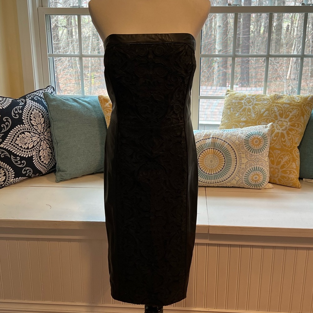 White House Black Market Genuine Leather Strapless Black Dress with Front Detail